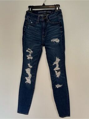 American Eagle Dark Blue Distressed Skinny Jeans Jegging 00 AEO